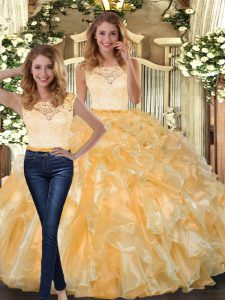 Organza Scoop Sleeveless Clasp Handle Lace and Ruffles Quinceanera Dresses in Gold