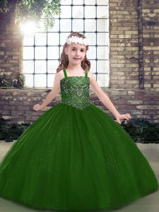 Green Ball Gowns Beading Evening Gowns Lace Up Tulle Sleeveless Floor Length