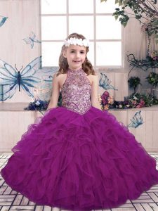 Purple Sleeveless Floor Length Beading and Ruffles Lace Up Girls Pageant Dresses