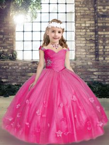 Best Sleeveless Tulle Floor Length Lace Up Little Girls Pageant Dress in Hot Pink with Beading and Hand Made Flower
