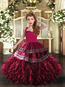 Organza Straps Sleeveless Lace Up Appliques and Ruffles Evening Gowns in Hot Pink and Fuchsia