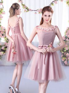 Best Knee Length Pink Dama Dress for Quinceanera Tulle Sleeveless Appliques and Belt
