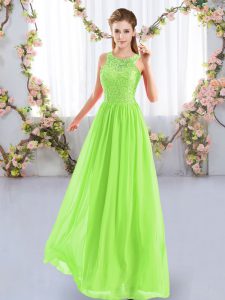 Attractive Yellow Green Chiffon Zipper Court Dresses for Sweet 16 Sleeveless Floor Length Lace