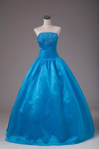Best Selling Floor Length Blue Quinceanera Dresses Organza Sleeveless Beading