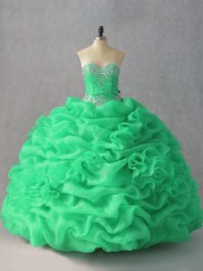 Comfortable Floor Length Green Military Ball Gown Organza Sleeveless Beading and Pick Ups and Hand Made Flower