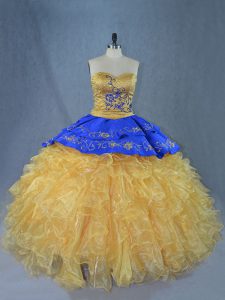 Gold Ball Gowns Embroidery and Ruffles Quinceanera Dress Lace Up Organza Sleeveless