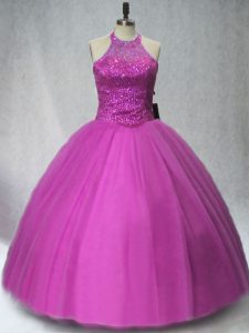 Purple Lace Up Halter Top Beading Ball Gown Prom Dress Tulle Sleeveless