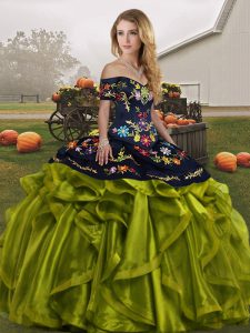 Elegant Sleeveless Organza Floor Length Lace Up Sweet 16 Dress in Olive Green with Embroidery and Ruffles