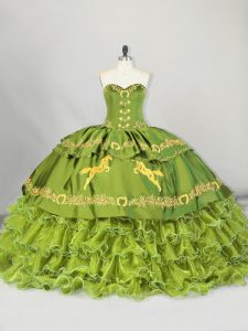 Lace Up Quinceanera Gowns Olive Green for Sweet 16 and Quinceanera with Embroidery and Ruffled Layers Brush Train