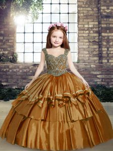 New Arrival Brown Straps Lace Up Beading Kids Pageant Dress Sleeveless