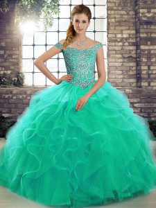 Off The Shoulder Sleeveless Tulle Quinceanera Gowns Beading and Ruffles Brush Train Lace Up