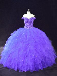 Custom Designed Ball Gowns Vestidos de Quinceanera Purple Off The Shoulder Tulle Sleeveless Floor Length Lace Up