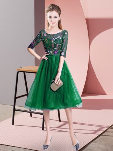 Amazing Scoop Half Sleeves Lace Up Court Dresses for Sweet 16 Dark Green Tulle