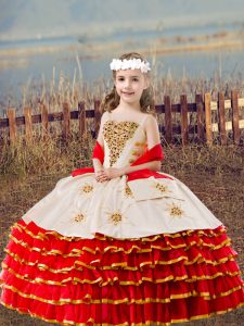 Red Straps Lace Up Beading and Embroidery and Ruffled Layers Little Girl Pageant Dress Sleeveless