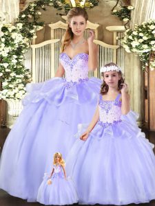 Best Sleeveless Organza Floor Length Lace Up Quinceanera Dress in Lavender with Beading and Ruffles