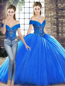 Royal Blue Off The Shoulder Neckline Beading Quince Ball Gowns Sleeveless Lace Up