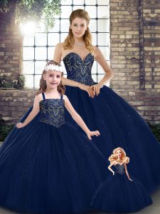 Tulle Sweetheart Sleeveless Lace Up Beading Juniors Party Dress in Navy Blue