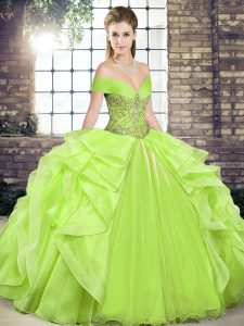 Popular Floor Length Yellow Green Quince Ball Gowns Organza Sleeveless Beading and Ruffles