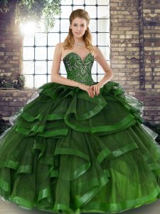 Green Ball Gowns Beading and Ruffles Sweet 16 Dresses Lace Up Tulle Sleeveless Floor Length