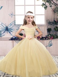 Custom Fit Floor Length Lace Up Little Girls Pageant Dress Wholesale Champagne for Party and Wedding Party with Lace and Belt