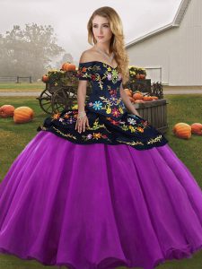 High Quality Floor Length Black And Purple Quinceanera Gowns Tulle Sleeveless Embroidery