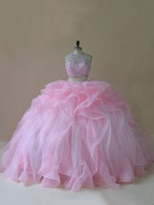 Luxurious Sleeveless Organza Brush Train Lace Up Quinceanera Gowns in Baby Pink with Ruffles