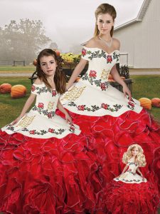 Customized White And Red Ball Gowns Organza Off The Shoulder Sleeveless Embroidery and Ruffles Floor Length Lace Up Quinceanera Dress