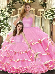 Customized Floor Length Rose Pink Quince Ball Gowns Organza Sleeveless Ruffled Layers