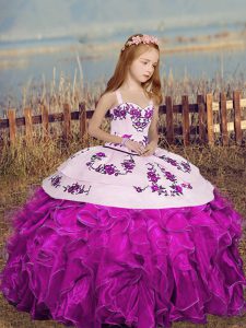 Pretty Fuchsia Sleeveless Embroidery and Ruffles Floor Length High School Pageant Dress
