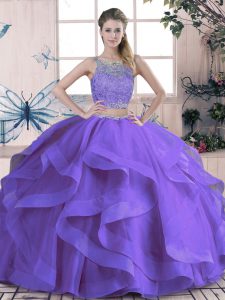 Traditional Purple Tulle Lace Up Scoop Sleeveless Floor Length Quinceanera Gown Beading and Ruffles