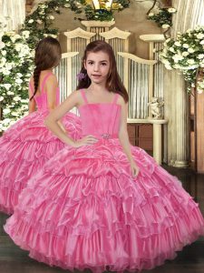 Discount Sleeveless Floor Length Ruffled Layers Lace Up Kids Pageant Dress with Rose Pink