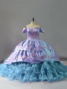 Gorgeous Off The Shoulder Sleeveless Chapel Train Lace Up Sweet 16 Dresses Blue Organza