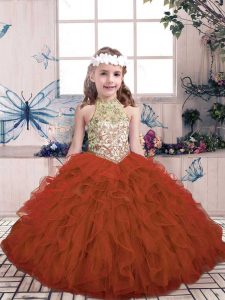 Rust Red Ball Gowns High-neck Sleeveless Tulle Floor Length Lace Up Beading and Ruffles Glitz Pageant Dress