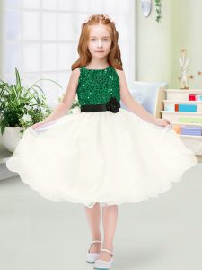 Champagne A-line Organza Scoop Sleeveless Sequins and Hand Made Flower Knee Length Zipper Little Girl Pageant Gowns