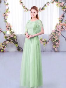 Fantastic Apple Green Short Sleeves Floor Length Lace and Belt Side Zipper Quinceanera Dama Dress