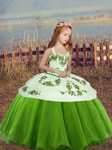 Customized Sleeveless Floor Length Embroidery Lace Up Kids Formal Wear with Green