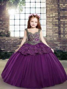 Customized Eggplant Purple Ball Gowns Off The Shoulder Sleeveless Beading and Appliques Floor Length Lace Up Little Girls Pageant Dress