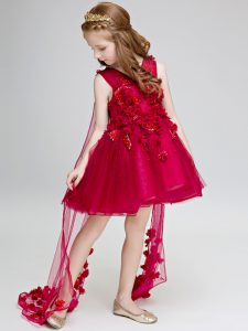 Exquisite Wine Red Sleeveless Hand Made Flower Lace Up Girls Pageant Dresses