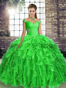 Green Ball Gowns Off The Shoulder Sleeveless Organza Brush Train Lace Up Beading and Ruffles Sweet 16 Quinceanera Dress