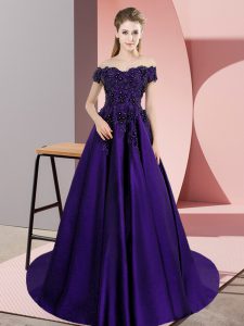 Romantic Off The Shoulder Sleeveless Quince Ball Gowns Court Train Lace Purple Satin