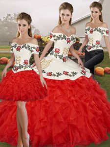 Dynamic White And Red Three Pieces Off The Shoulder Sleeveless Organza Floor Length Lace Up Embroidery and Ruffles Quinceanera Dresses