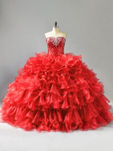 Red Organza Lace Up Sweet 16 Quinceanera Dress Sleeveless Floor Length Beading and Ruffles and Sequins