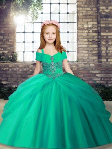 Discount Sleeveless Floor Length Beading Lace Up Little Girl Pageant Gowns with Turquoise