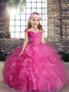 Hot Pink Sleeveless Organza Lace Up Little Girl Pageant Dress for Party and Wedding Party