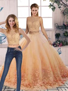 Smart Peach Two Pieces Tulle Scalloped Sleeveless Lace Backless Quinceanera Gown Sweep Train