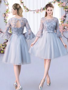 Modest Empire Quinceanera Court Dresses Grey Scoop Tulle 3 4 Length Sleeve Knee Length Lace Up