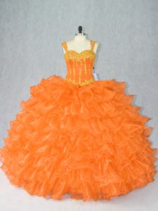 Ball Gowns Military Ball Dresses For Women Orange Straps Organza Sleeveless Floor Length Lace Up