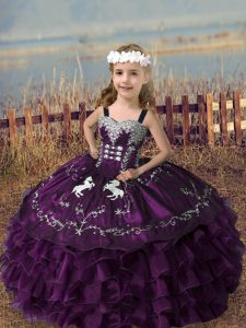 Perfect Sleeveless Floor Length Embroidery and Ruffled Layers Lace Up Pageant Dress for Teens with Dark Purple