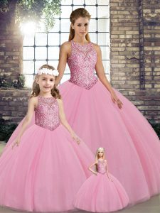 Pink Tulle Lace Up Quince Ball Gowns Sleeveless Floor Length Embroidery