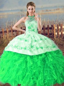 Organza Halter Top Sleeveless Court Train Lace Up Embroidery and Ruffles 15 Quinceanera Dress in Green
